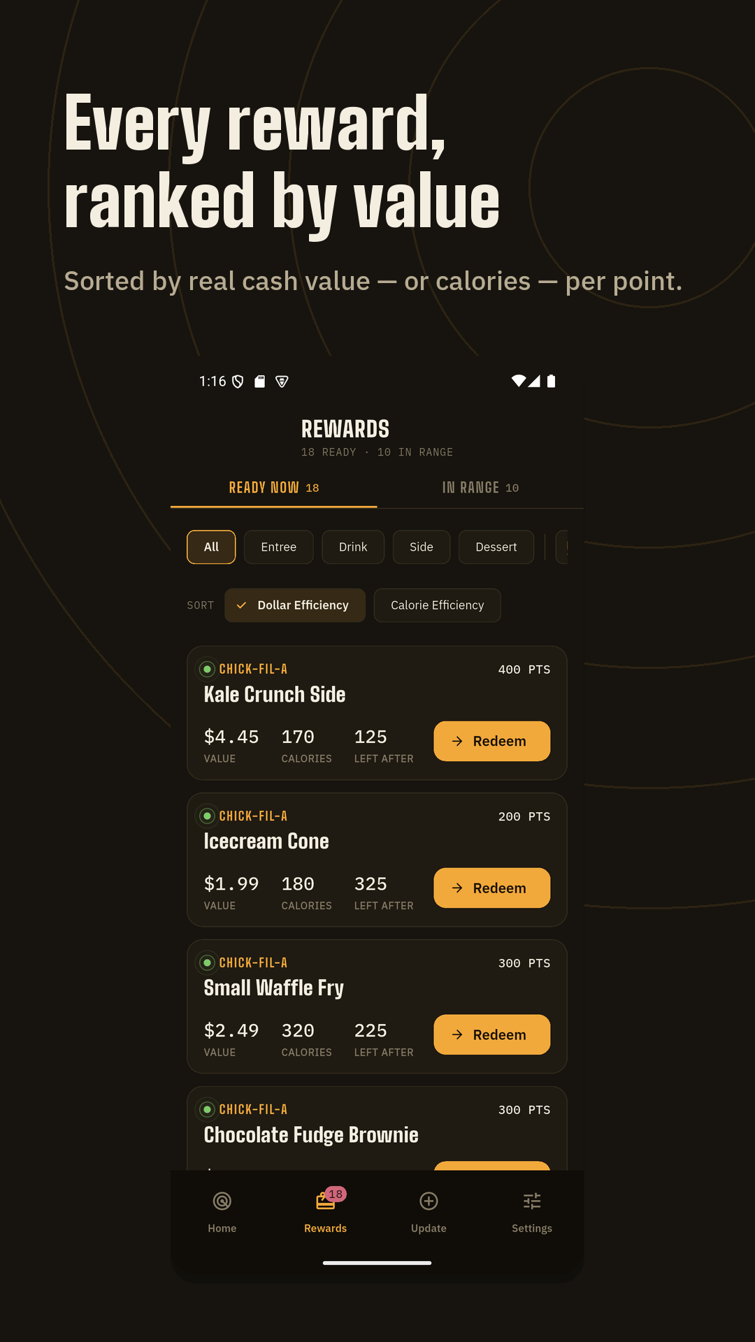 Rewards screen listing redeemable items ranked by dollar value per point.