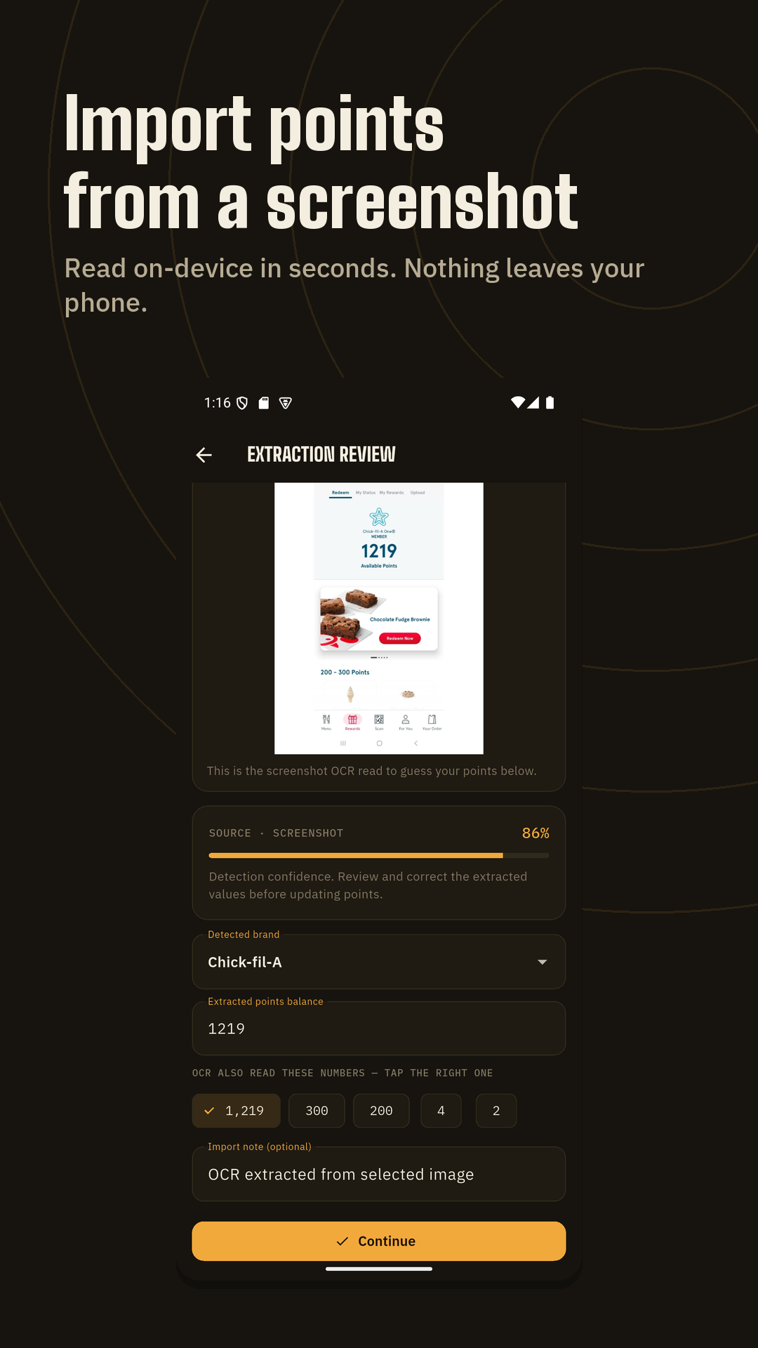 Import review screen reading a points balance from a screenshot on-device.