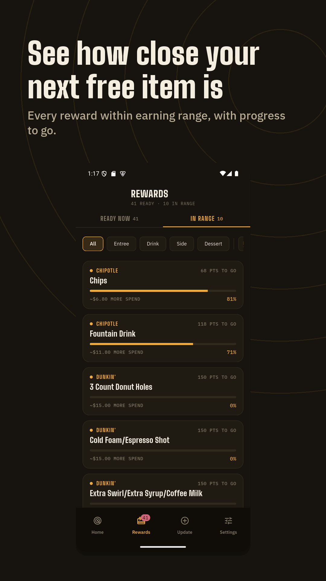 In-range rewards screen showing how many points remain until each free item.
