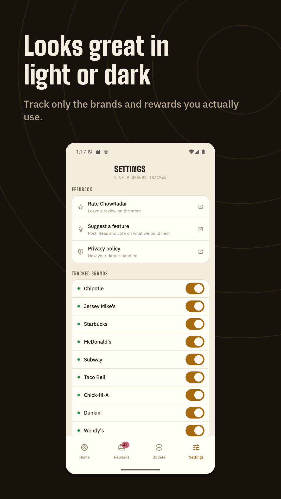ChowRadar settings screen with per-brand tracking toggles.